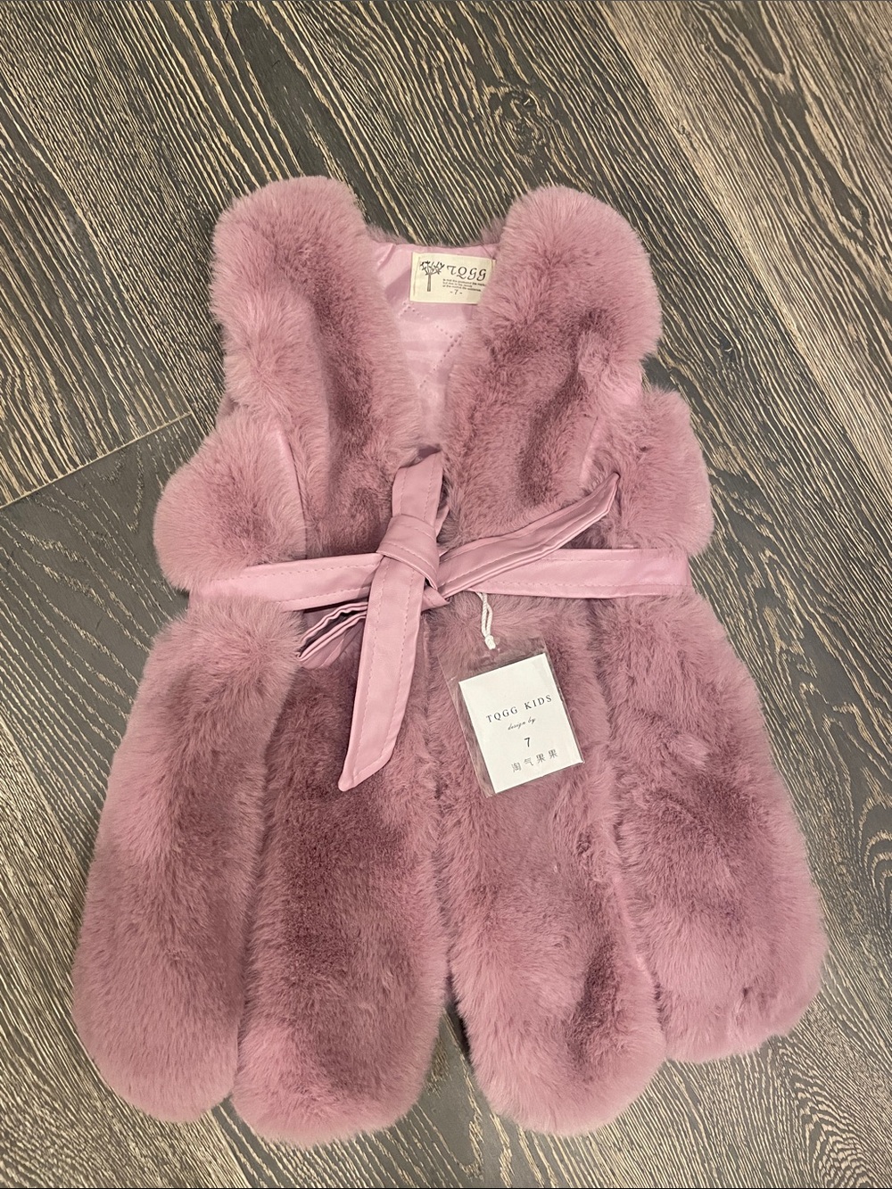 Kids Dusty Pink Faux Fur Vest with Tie Belt